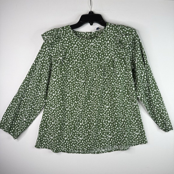 White Plum Tops - Michelle McDowell Green And White Top Long Sleeve Ruffle Top Small Button Back